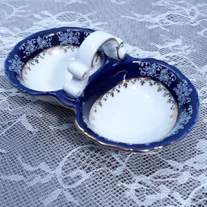Zsolnay Hungary Salt & Pepper Cellar Dish Blue Gold White Porcelain Fine China